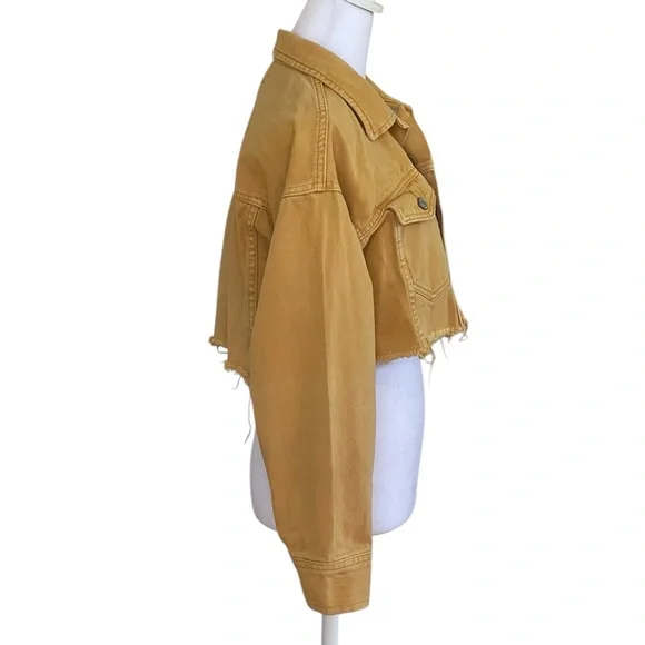 PacSun Mustard Yellow Cropped Jean Jacket Women’s Sz XS Raw Frayed Hem Denim - Picture 7 of 14